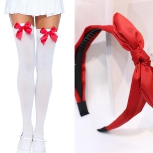 SHEIN Red Bow Headband and White Thigh-High Stockings